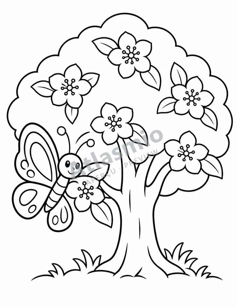 Colouring illustration: Apple trees in bloom