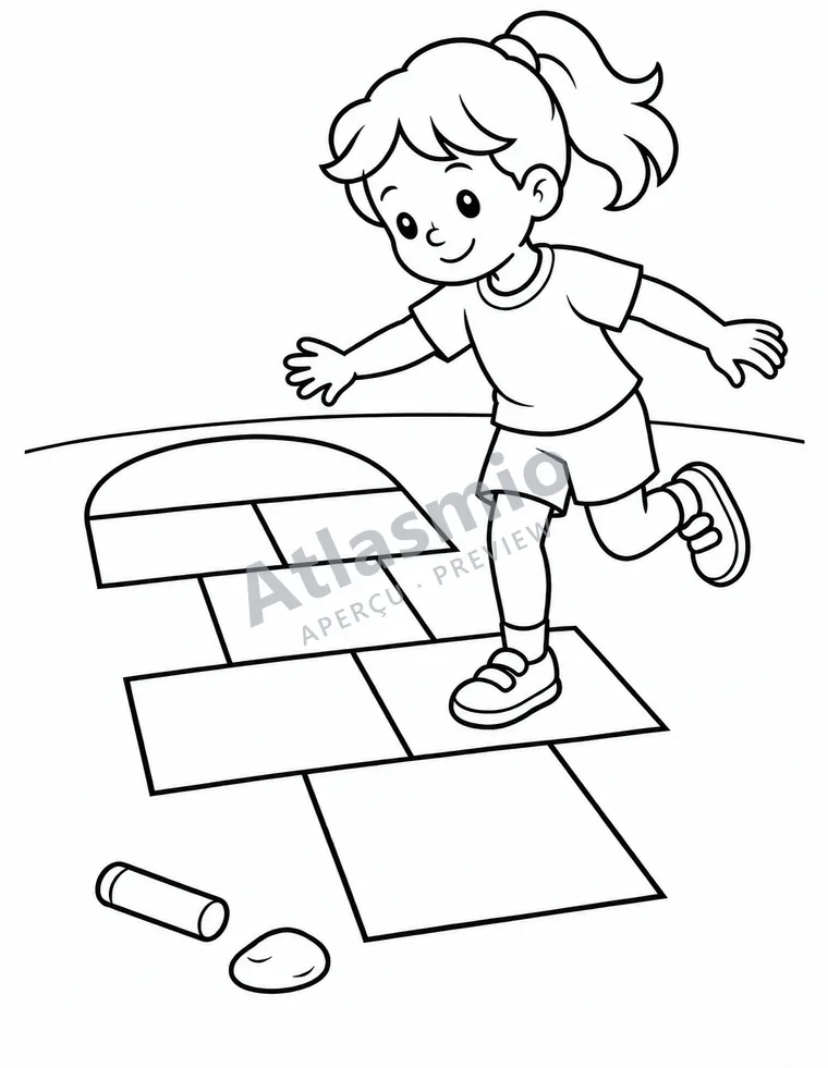 Illustration à colorier : Une partie de marelle