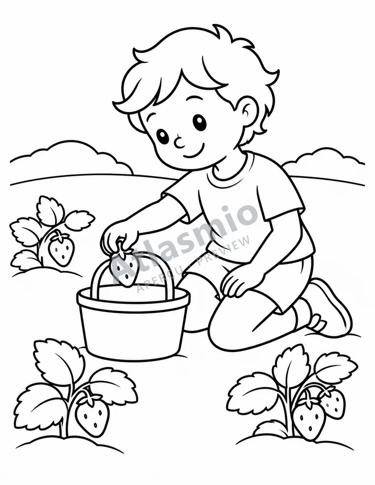 Colouring illustration: Picking strawberries