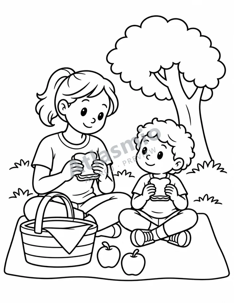 Colouring illustration: A picnic in the park