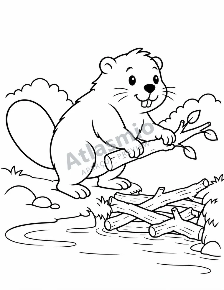 Illustration à colorier : Le castor à son barrage