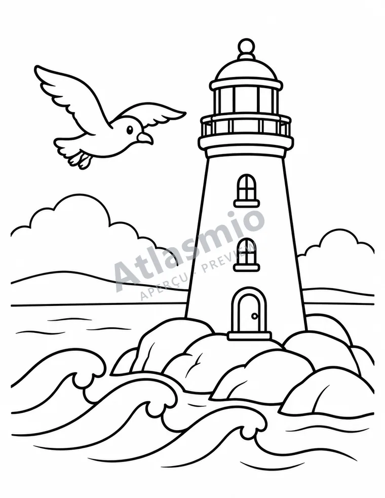 Colouring illustration: A lighthouse by the river