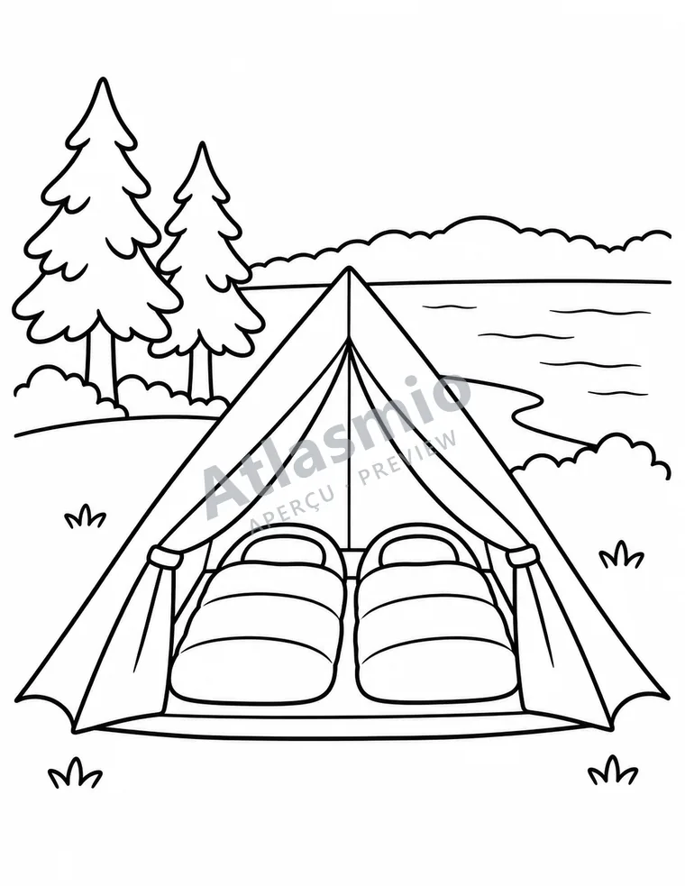 Illustration à colorier : Une tente près du lac