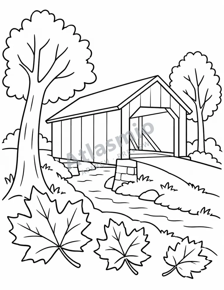 Illustration à colorier : Un pont couvert en automne