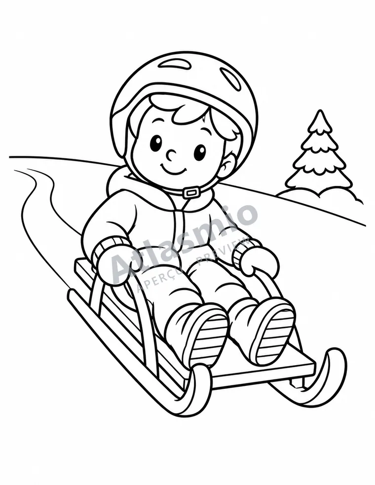 Colouring illustration: Sliding on a sled