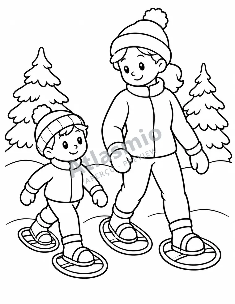 Colouring illustration: A snowshoe walk