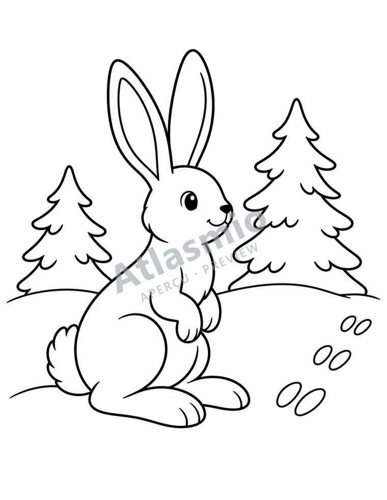 Colouring illustration: A hare by the fir trees