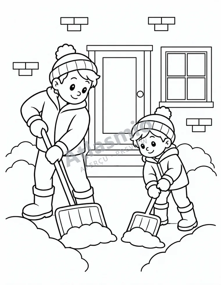 Illustration à colorier : On pelle la neige