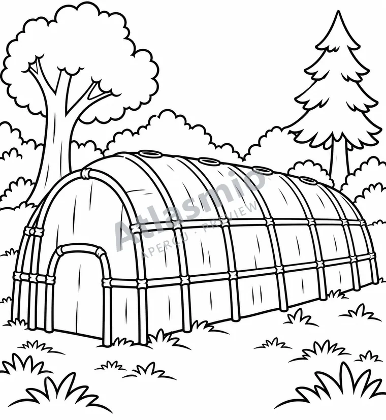 Illustration à colorier : Une maison longue wendat