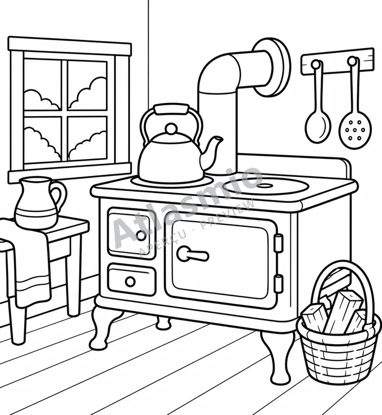 Illustration à colorier : La cuisinière à bois