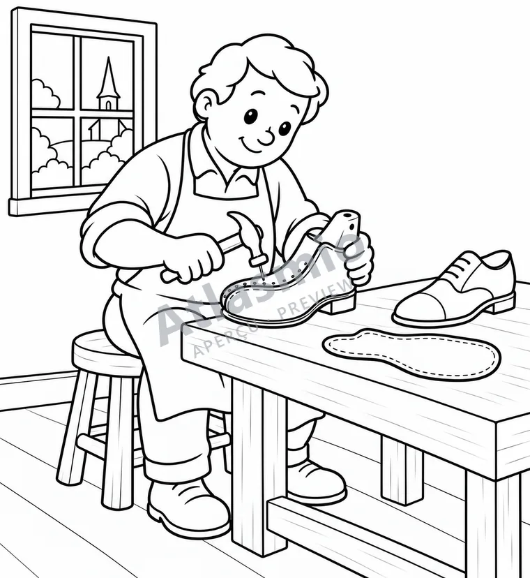 Illustration à colorier : Chez le cordonnier
