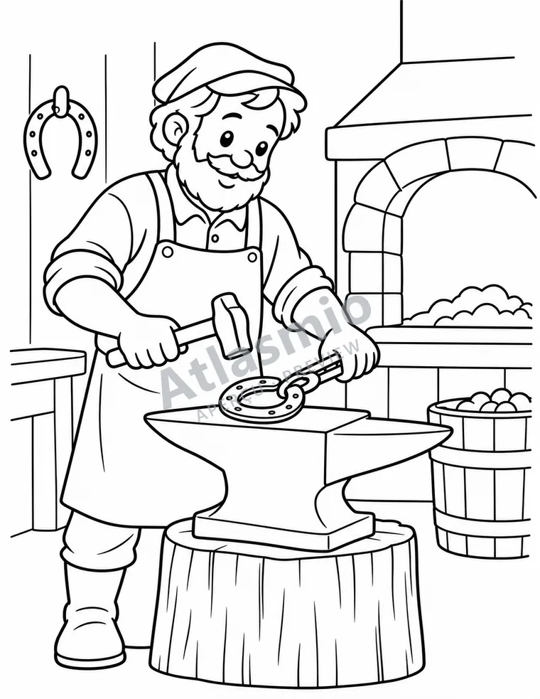 Colouring illustration: At the blacksmith's