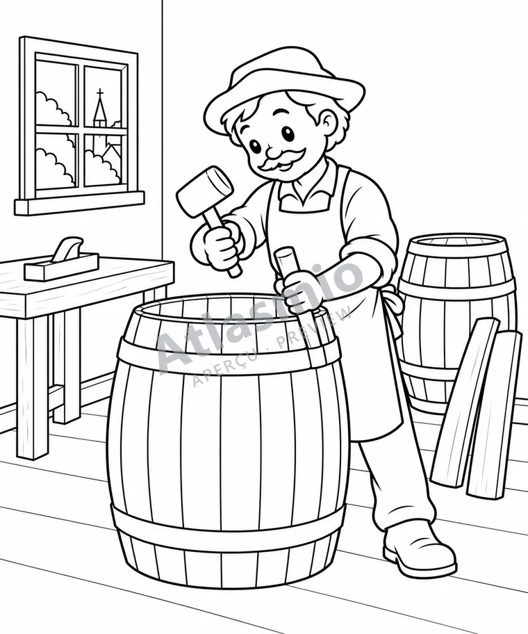 Illustration à colorier : Le tonnelier au travail