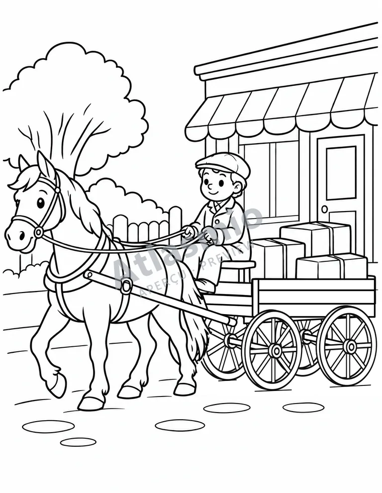 Illustration à colorier : La livraison en voiture à cheval