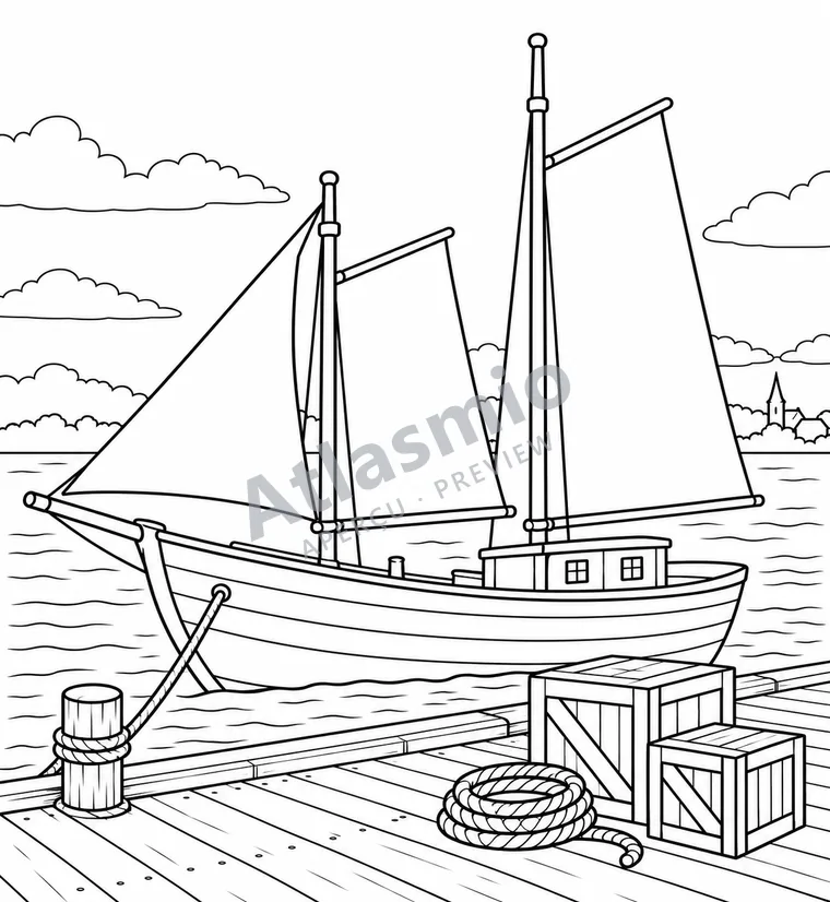 Illustration à colorier : Une goélette sur le fleuve