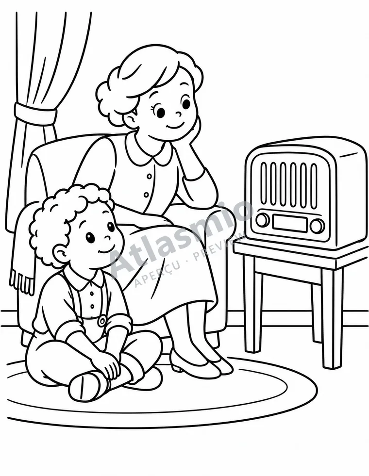 Illustration à colorier : On écoute la radio