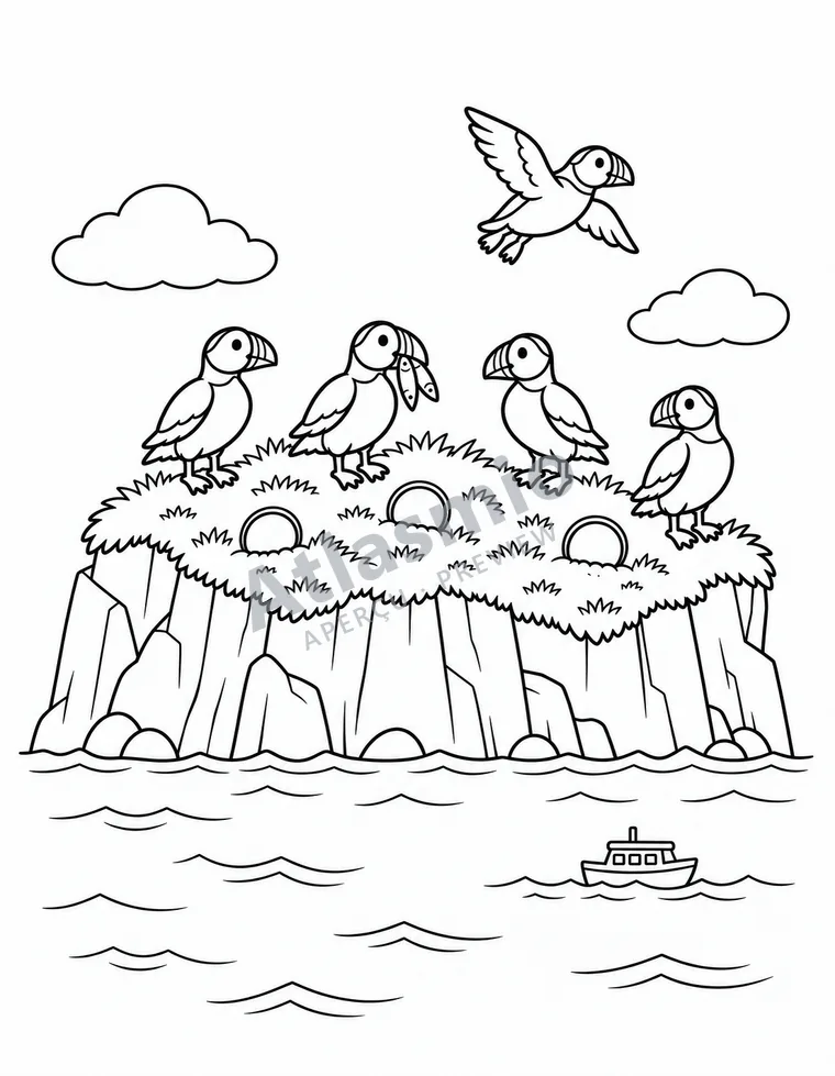 Illustration à colorier : Des macareux sur leur île