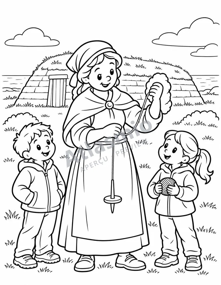 Illustration à colorier : Des maisons au toit d’herbe