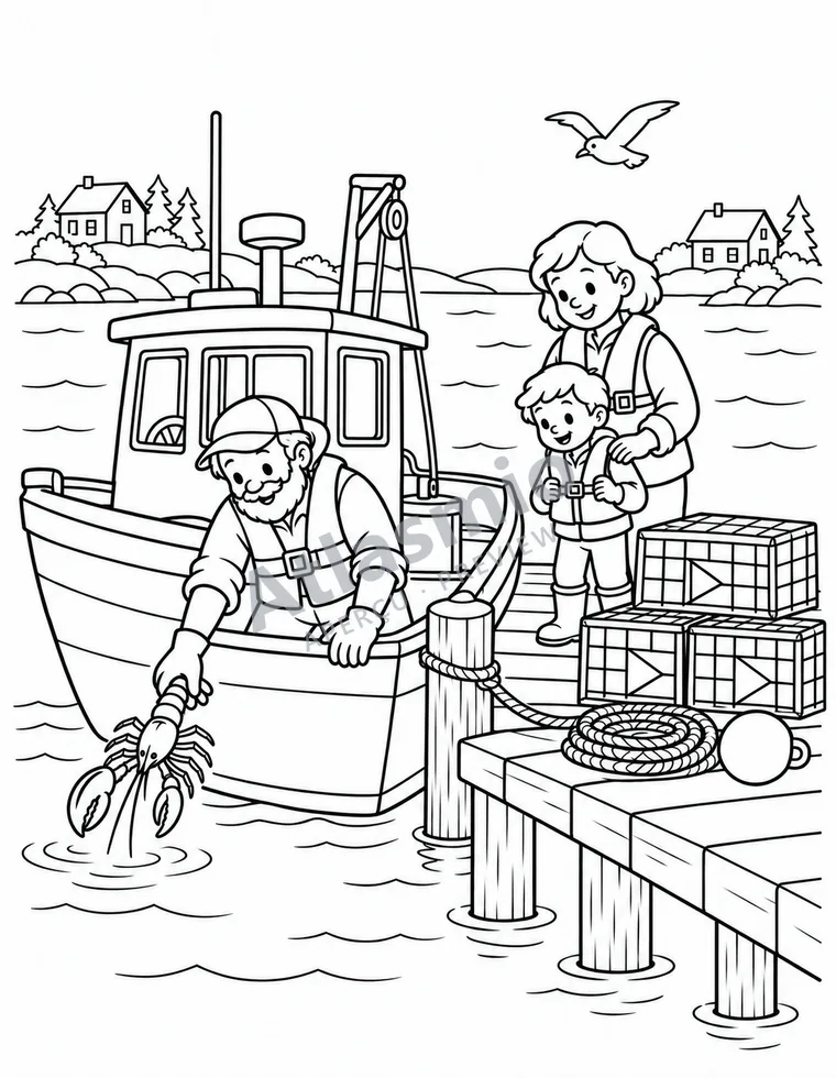 Colouring illustration: Lobster fishing