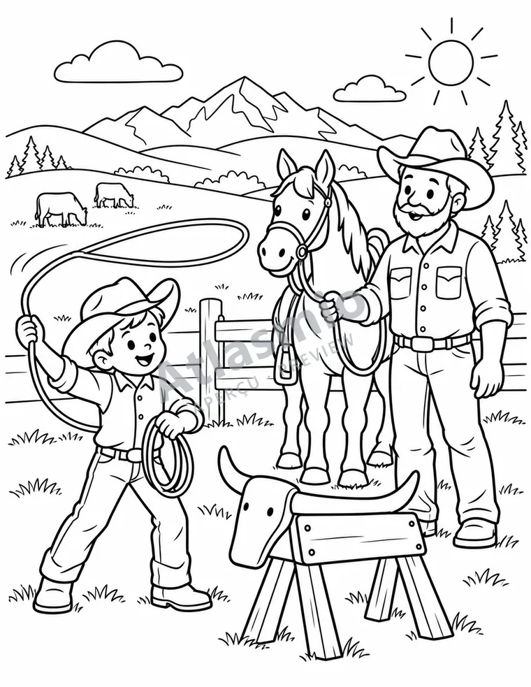 Illustration à colorier : Le lasso au ranch