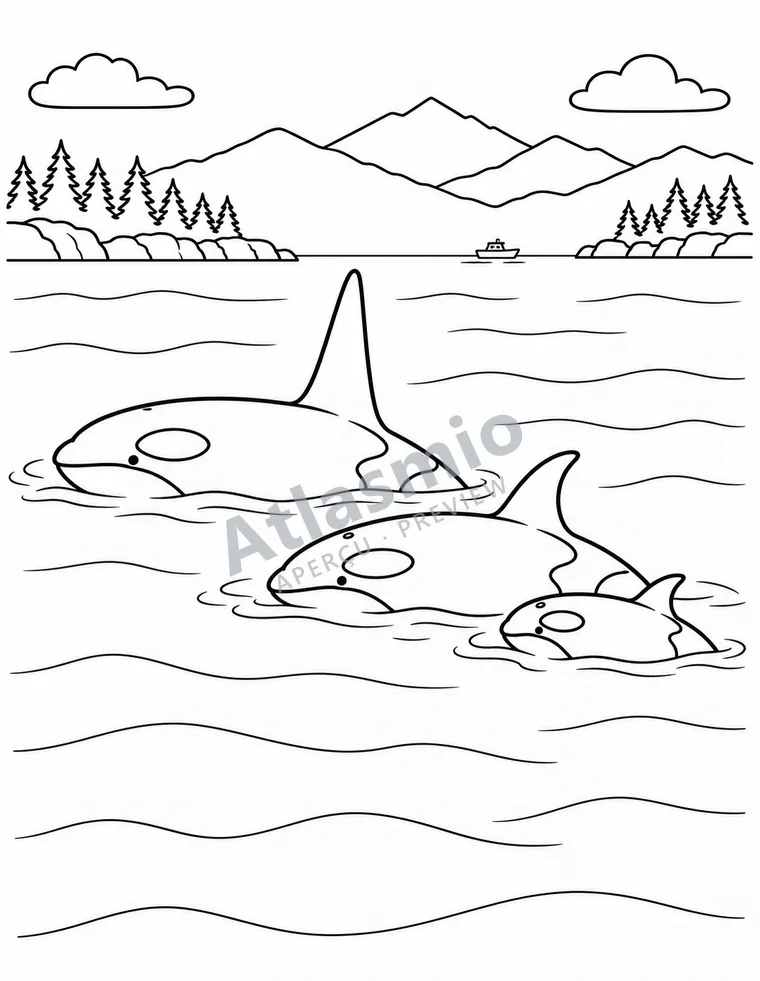 Illustration à colorier : Une famille d’épaulards