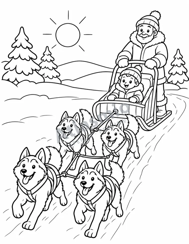 Colouring illustration: A team of sled dogs