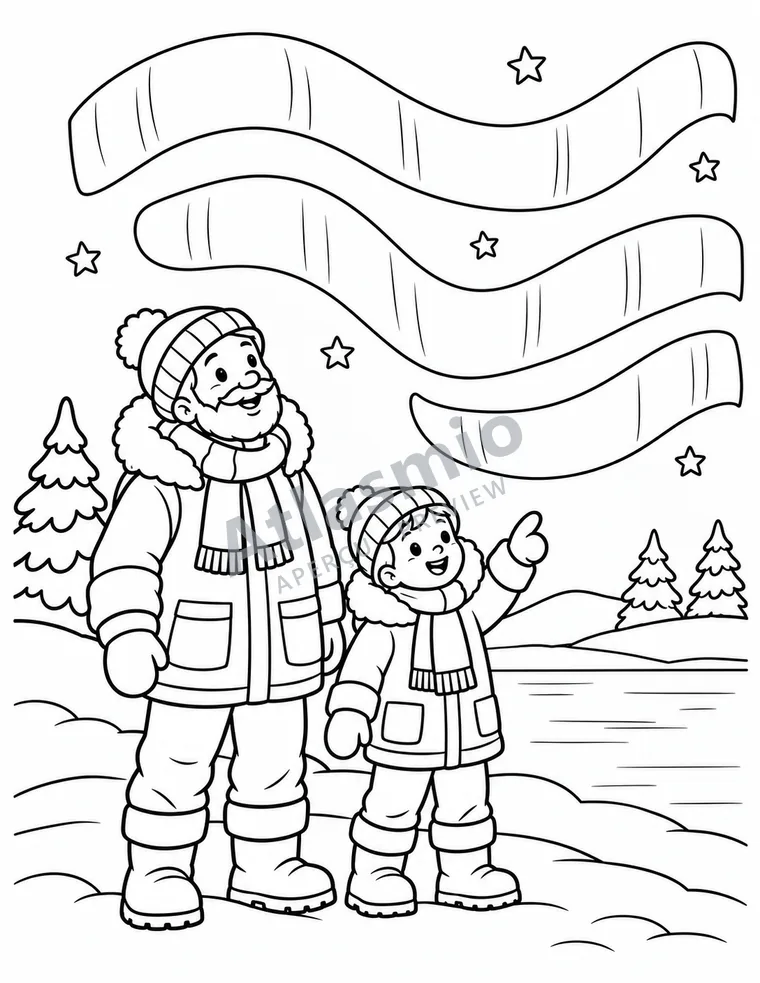 Colouring illustration: Northern lights over Yellowknife