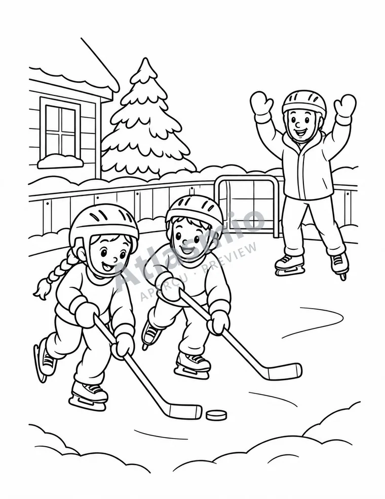 Colouring illustration: Backyard hockey