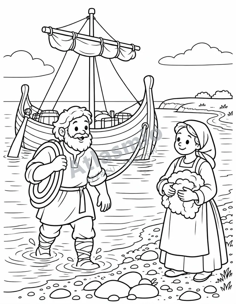Colouring illustration: Norse sailors in Newfoundland