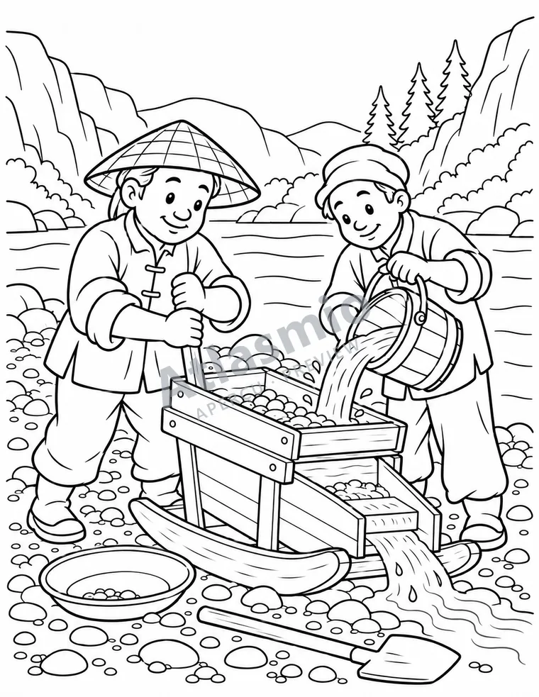Illustration à colorier : Des mineurs chinois sur le Fraser