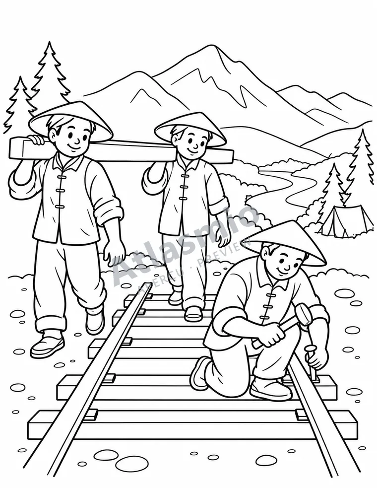 Colouring illustration: The railway builders