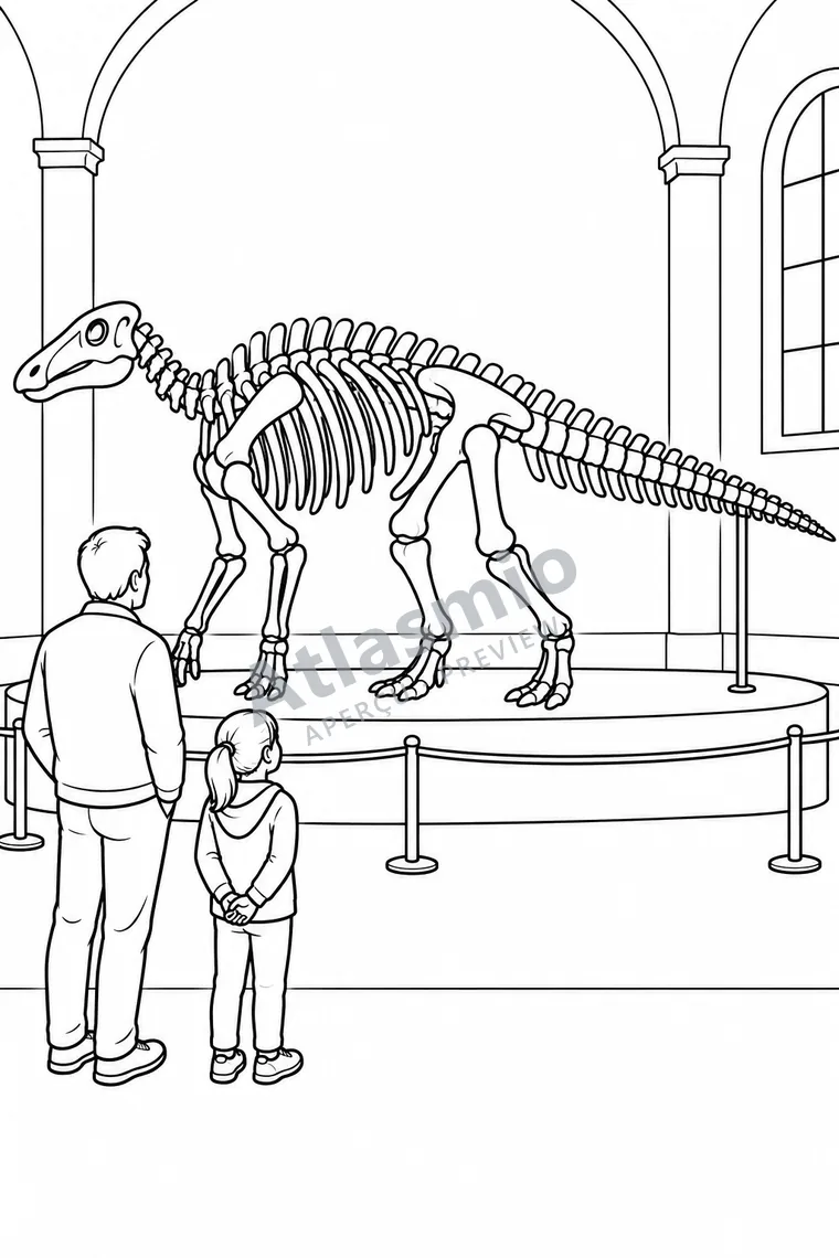 Colouring illustration: A Dinosaur at the Museum