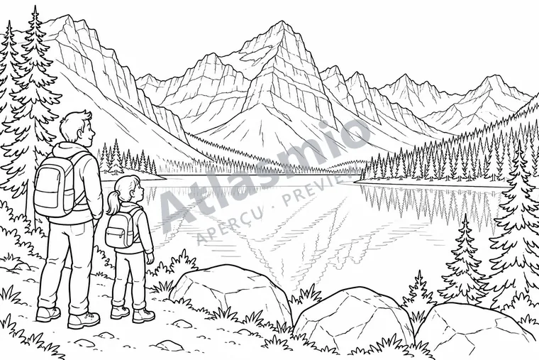 Illustration à colorier : Un lac dans les Rocheuses