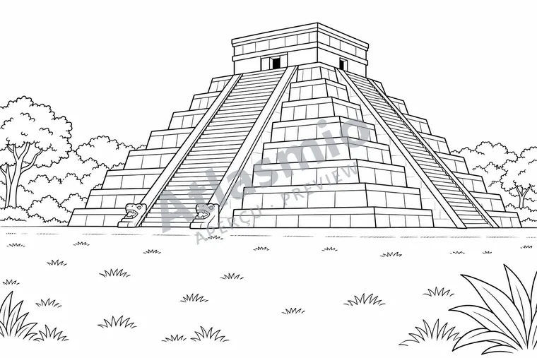 Illustration à colorier : La pyramide de Chichén Itzá