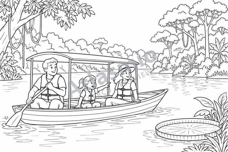 Colouring illustration: On an Amazon River