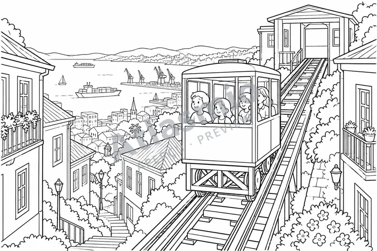 Colouring illustration: Valparaíso’s Hillside Lift