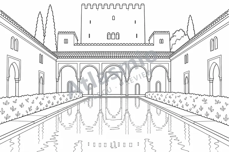 Colouring illustration: An Alhambra Courtyard