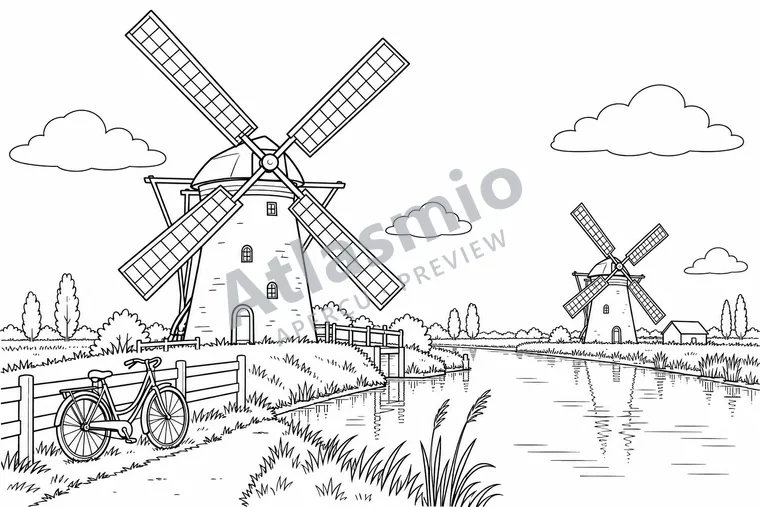 Illustration à colorier : Les moulins de Kinderdijk