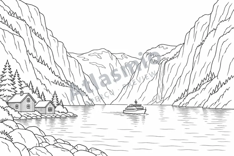 Illustration à colorier : Un fjord entre les montagnes