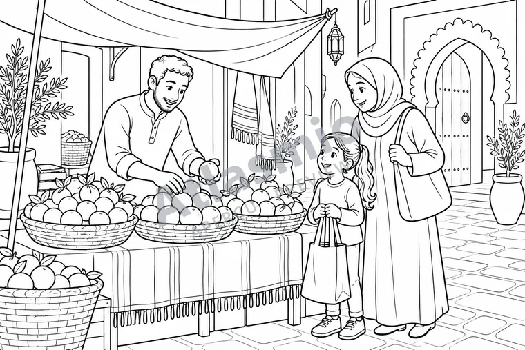 Colouring illustration: At a Marrakesh Market
