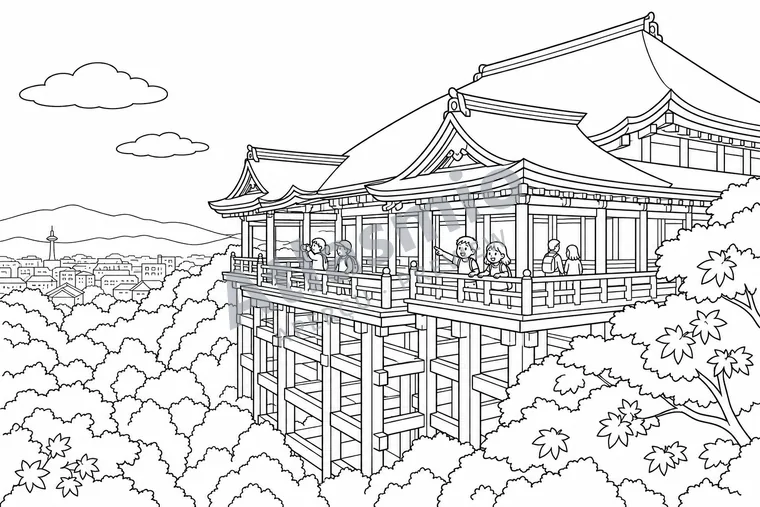 Illustration à colorier : Une terrasse de bois à Kyoto