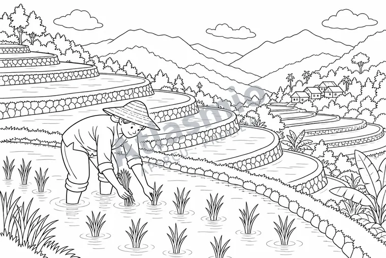 Colouring illustration: Rice Fields Like Steps