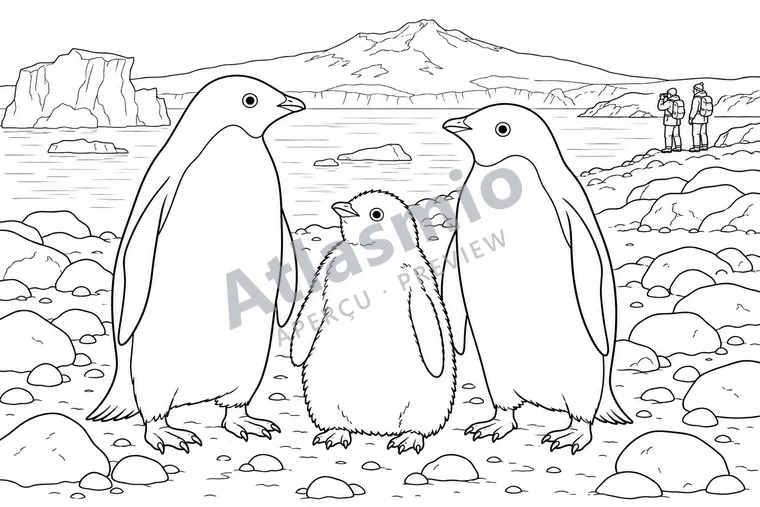Illustration à colorier : Des manchots en Antarctique
