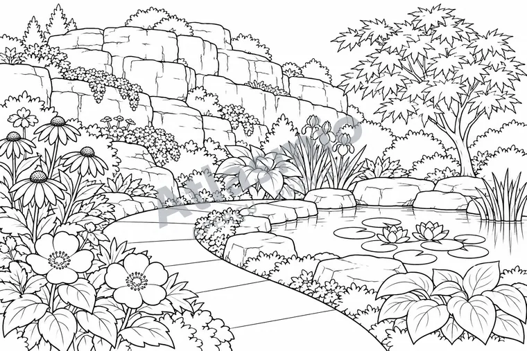 Illustration à colorier : Un jardin dans la pierre