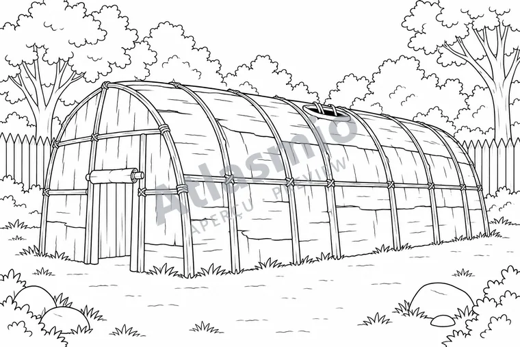 Illustration à colorier : Une maison longue reconstituée