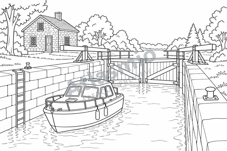 Illustration à colorier : Une écluse du canal Rideau