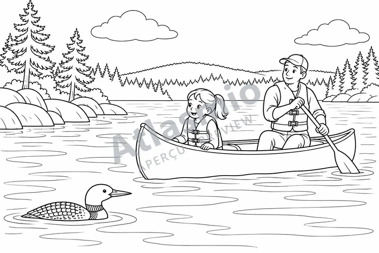 Colouring illustration: Canoeing in Algonquin