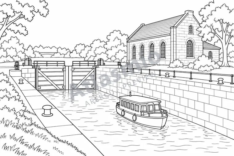 Colouring illustration: The Sault Ste. Marie Canal