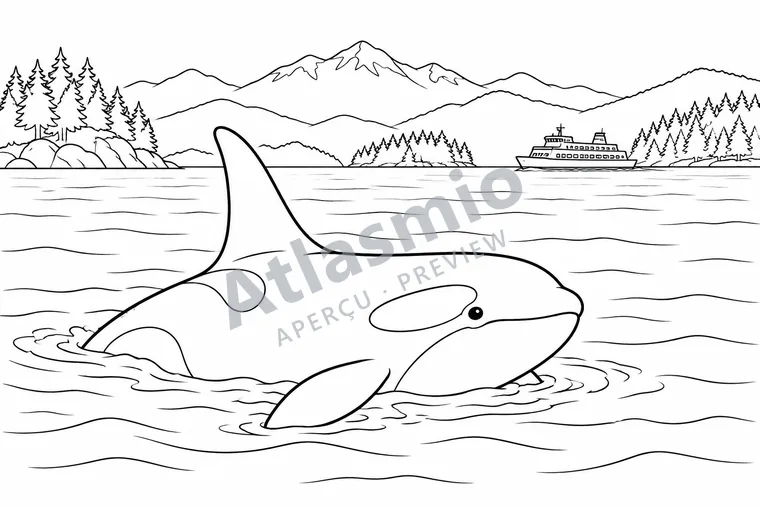 Illustration à colorier : Une orque dans la mer des Salish