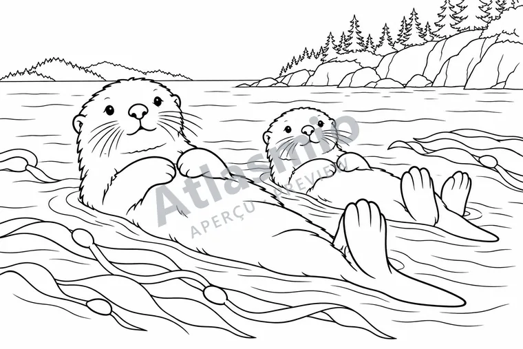 Illustration à colorier : Les loutres dans le varech